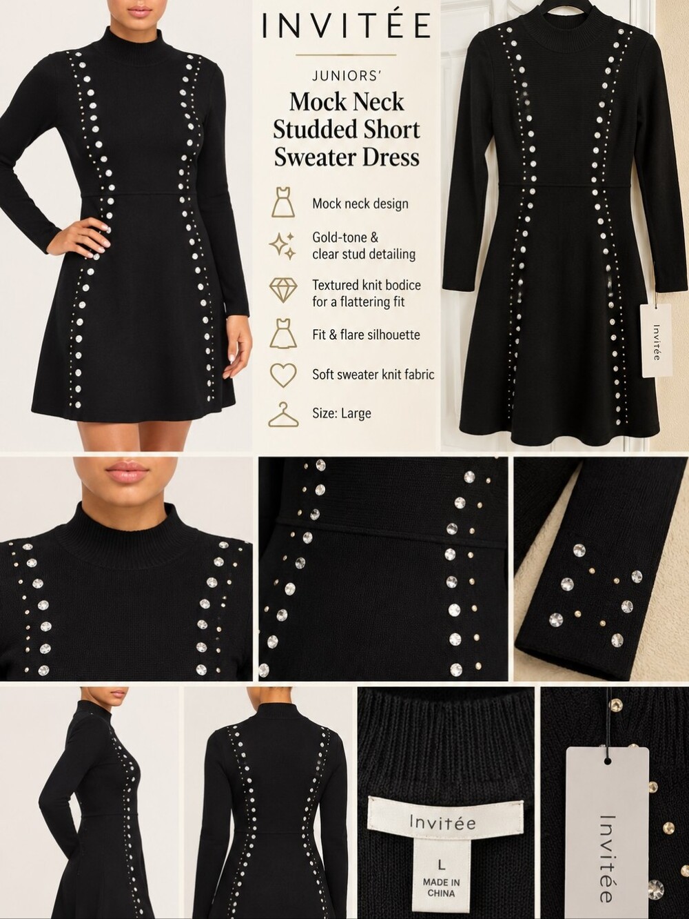 NWT INVITEE Juniors' Size Large Mock Neck Studded Short Sweater Dress.
